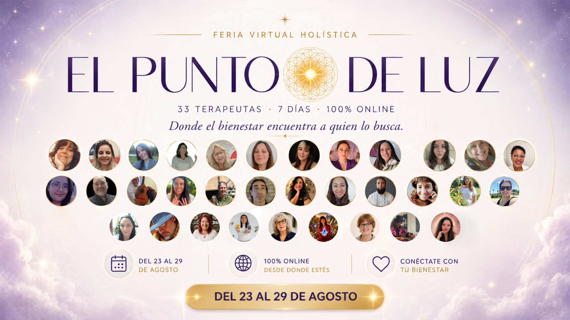 Banner de El Punto de Luz con los 33 terapeutas participantes, evento virtual del 23 al 29 de agosto